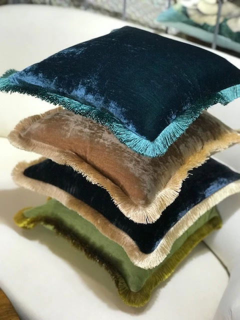 Scout House Silk Velvet Fringed Cushion In Taupe With Gold Trim- 40cm Square 5 Scout House Silk Velvet Fringed Cushion In Taupe With Gold Trim- 40cm Square