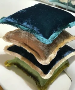 Scout House Silk Velvet Fringed Cushion In Indigo Blue With Gold Trim- 40cm Square