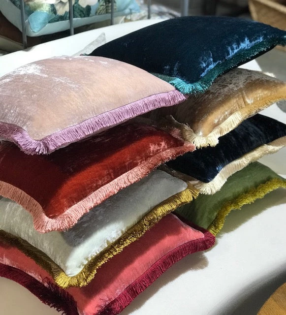 Scout House Silk Velvet Fringed Cushion In Taupe With Gold Trim- 40cm Square 6 Scout House Silk Velvet Fringed Cushion In Taupe With Gold Trim- 40cm Square