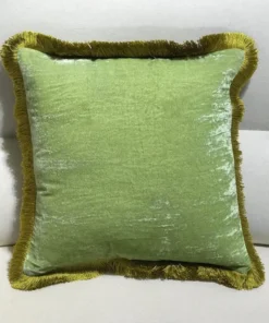 Scout House Gifts Silk Velvet Fringed Cushion In Apple Green With A Golden Trim- 40cm Square