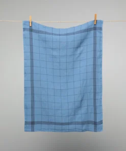 French 100% Linen Tea Towel Cottage Blue With Black Graph Check By Charvet Editions Homewares