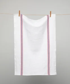 French 100% Linen White With Red & Blue Stripes Tea Towel By Charvet Editions